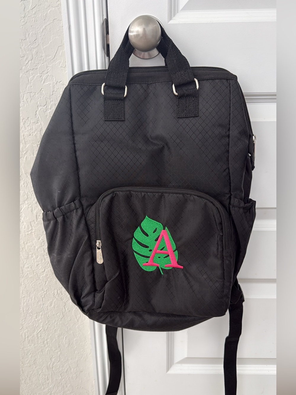 thirty-one Black Backpack with Green Leaf & Pink 'A' Accent